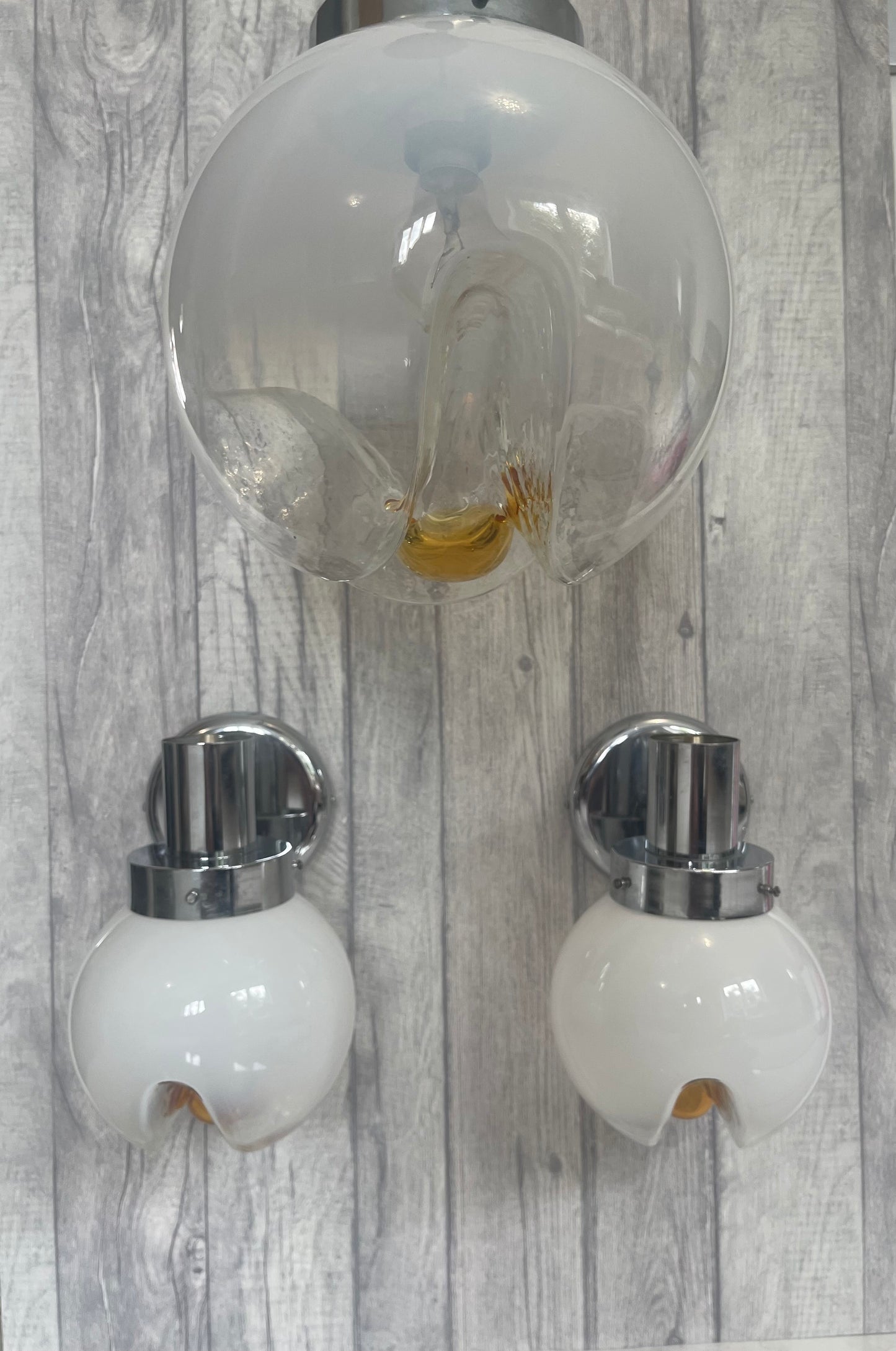 Vintage 1960s Italian Chrome Pendant & Wall Light Set With Carlo Nason Murano Mazzega Shade B