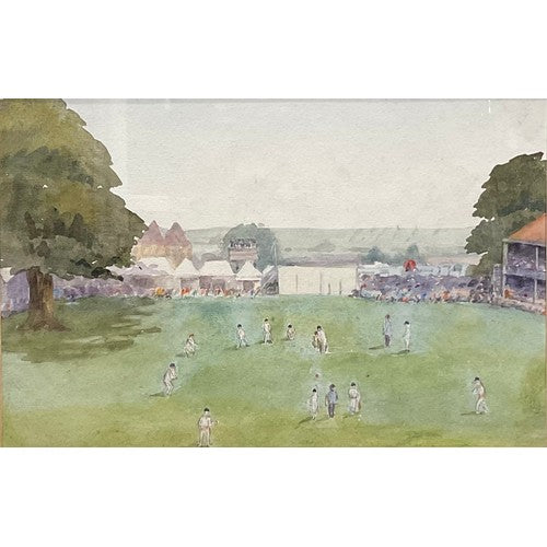 20TH CENTURY ENGLISH SCHOOL Watercolour Painting Cricket Match signed Wickham