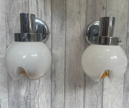 Vintage 1960s Italian Chrome Pendant & Wall Light Set With Carlo Nason Murano Mazzega Shade B