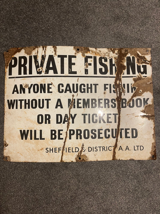 Vintage Genuine Authentic Enamel Salvage Sign, Private Fishing South Yorkshire