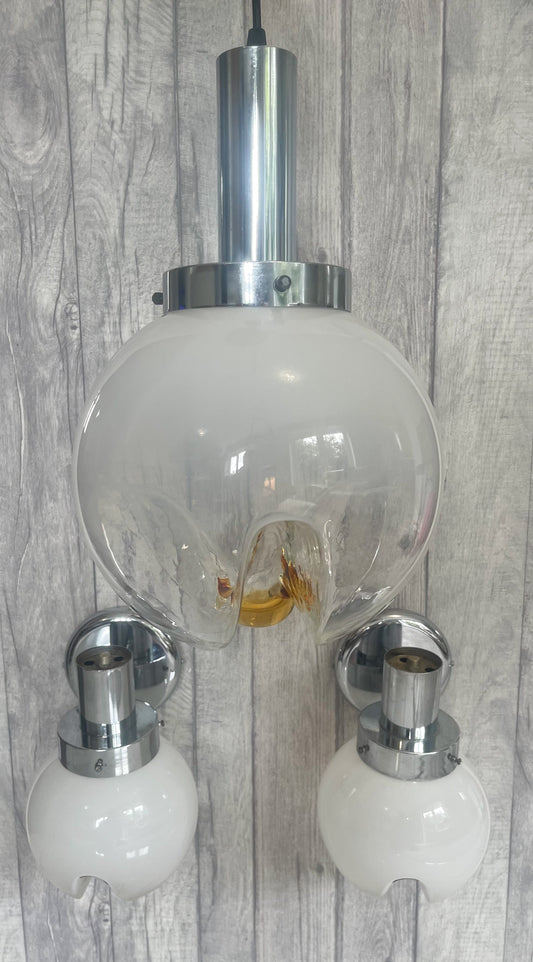 Vintage 1960s Italian Chrome Pendant & Wall Light Set With Carlo Nason Murano Mazzega Shade B