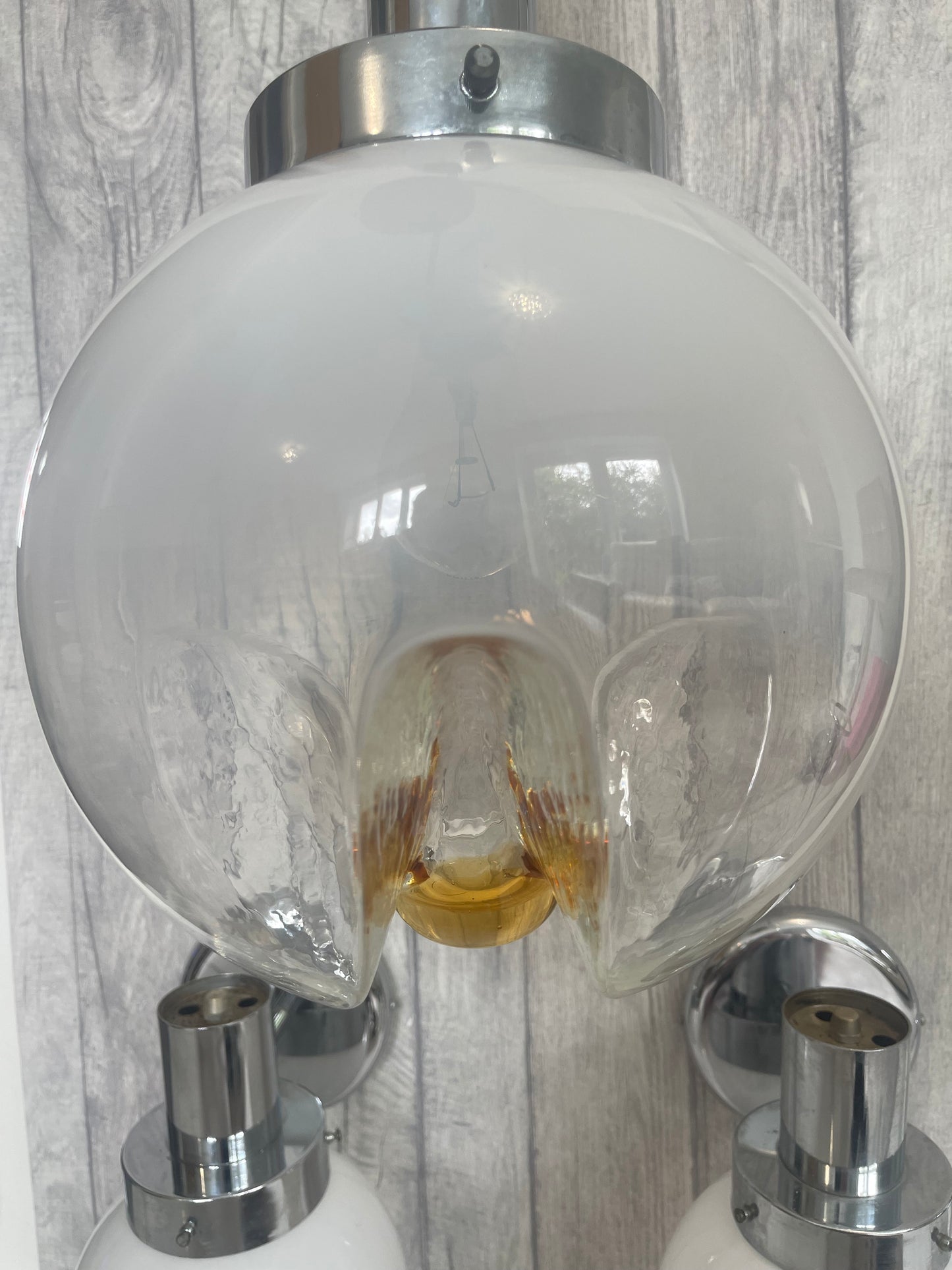 Vintage 1960s Italian Chrome Pendant & Wall Light Set With Carlo Nason Murano Mazzega Shade B