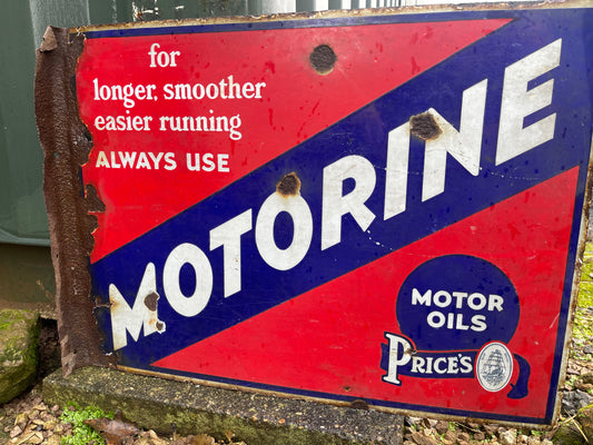 Rare Vintage Genuine Double Sided Flanged Prices Motorine Oil Enamel Sign