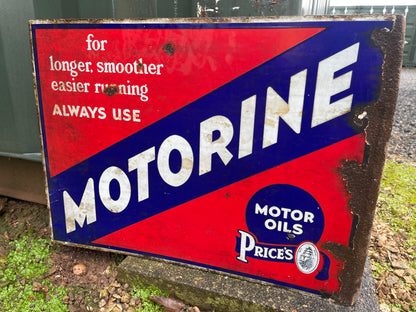 Rare Vintage Genuine Double Sided Flanged Prices Motorine Oil Enamel Sign