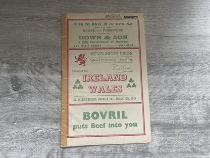 WALES v IRELAND 12 MARCH 1949 RUGBY PROGRAMME - TRIPLE CROWN IRELAND SWANSEA