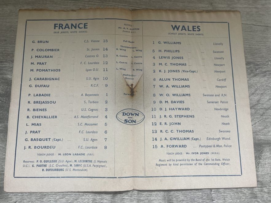 WALES v FRANCE 22nd march 1952 RUGBY PROG - GRAND SLAM WALES. St.Helens Swansea