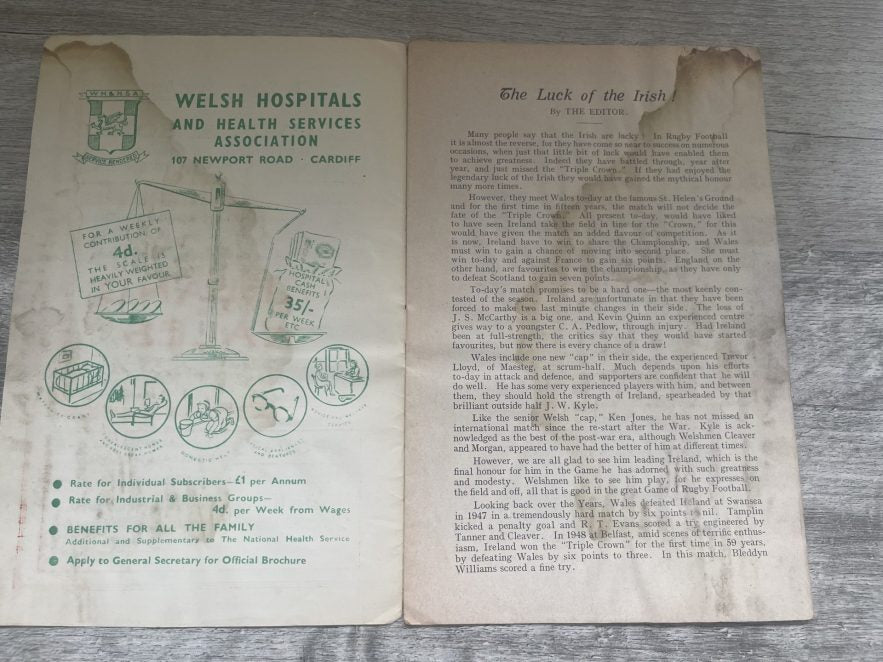 WALES v IRELAND 1953 RUGBY PROGRAMME 14 Mar at SWANSEA