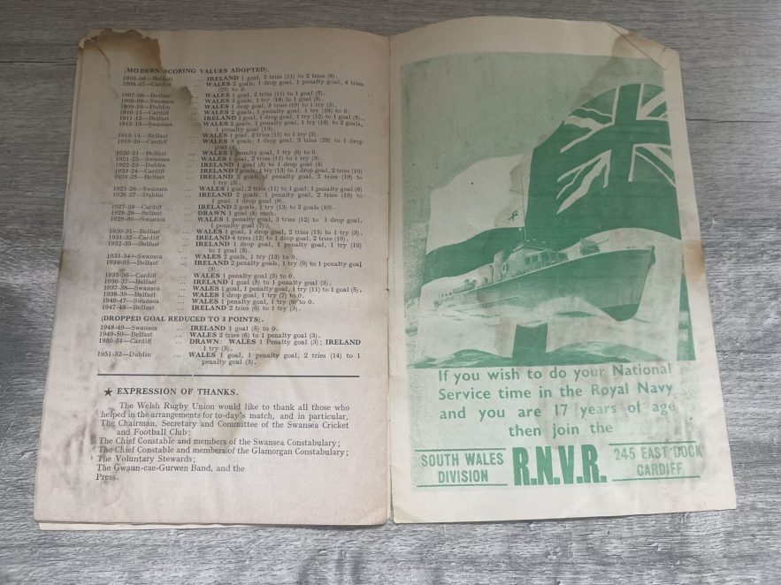 WALES v IRELAND 1953 RUGBY PROGRAMME 14 Mar at SWANSEA