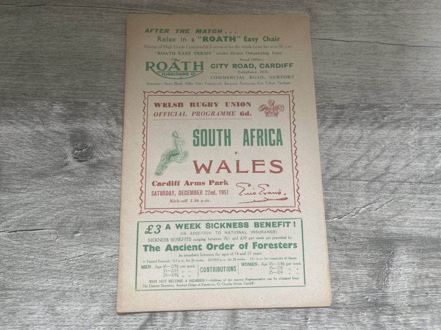 WALES v SOUTH AFRICA 22 December 1951 RUGBY PROGRAMME CARDIFF 1951/2 SPRINGBOKS