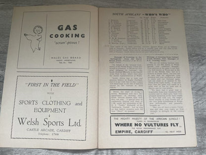 WALES v SOUTH AFRICA 22 December 1951 RUGBY PROGRAMME CARDIFF 1951/2 SPRINGBOKS