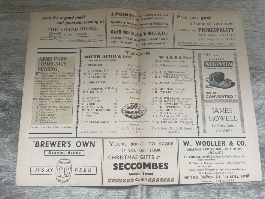 WALES v SOUTH AFRICA 22 December 1951 RUGBY PROGRAMME CARDIFF 1951/2 SPRINGBOKS