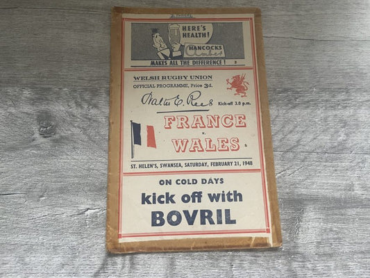 Wales v France 21 Feb 1948 Cardiff RUGBY PROGRAMME