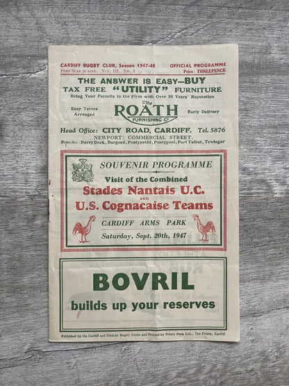 Stades Nantais UC & US Cognacaise Teams v Cardiff 1947 Rugby Union Programme