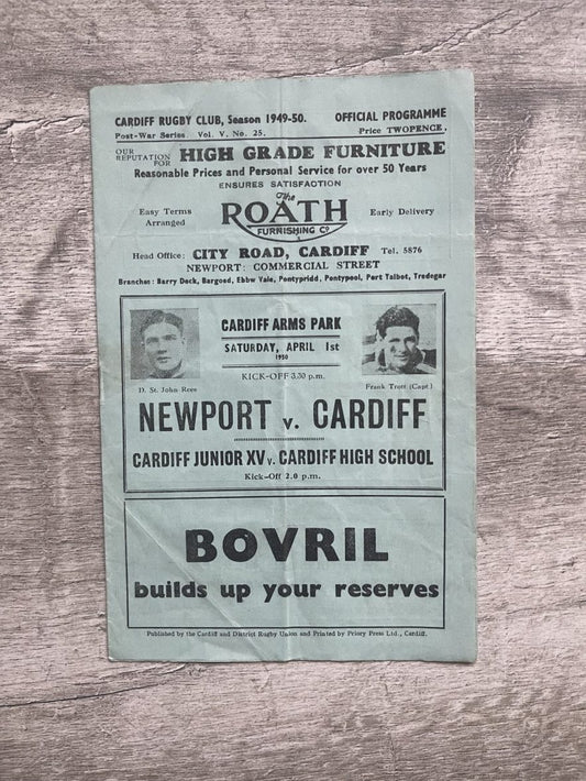 Newport v Cardiff April 1st 1950 Rugby Programme