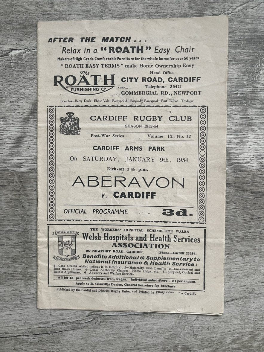 Aberavon v Cardiff Jan 9th 1954 Rugby Programme