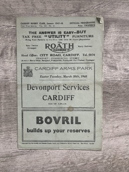 Devonport Services v Cardiff March 30th 1948 Rugby Programme