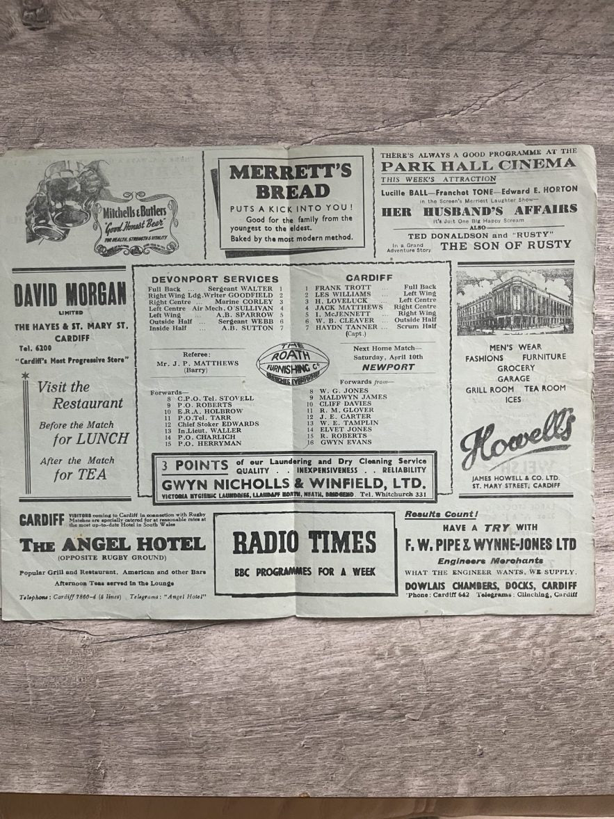 Devonport Services v Cardiff March 30th 1948 Rugby Programme