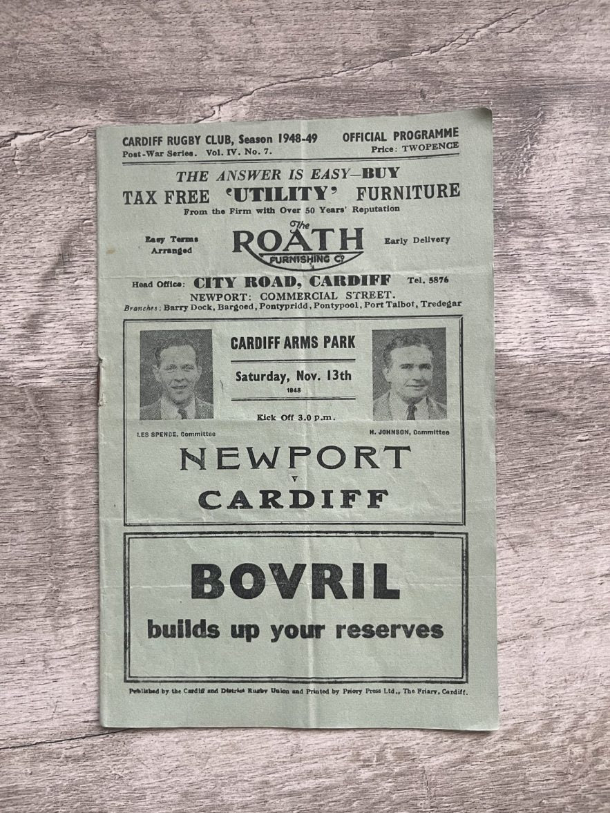 Newport v Cardiff Nov 13th 1948 Rugby Programme